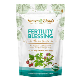 Heav en Blends Fertility Blessing Tea label showing USDA Organic seal and herbal blend.