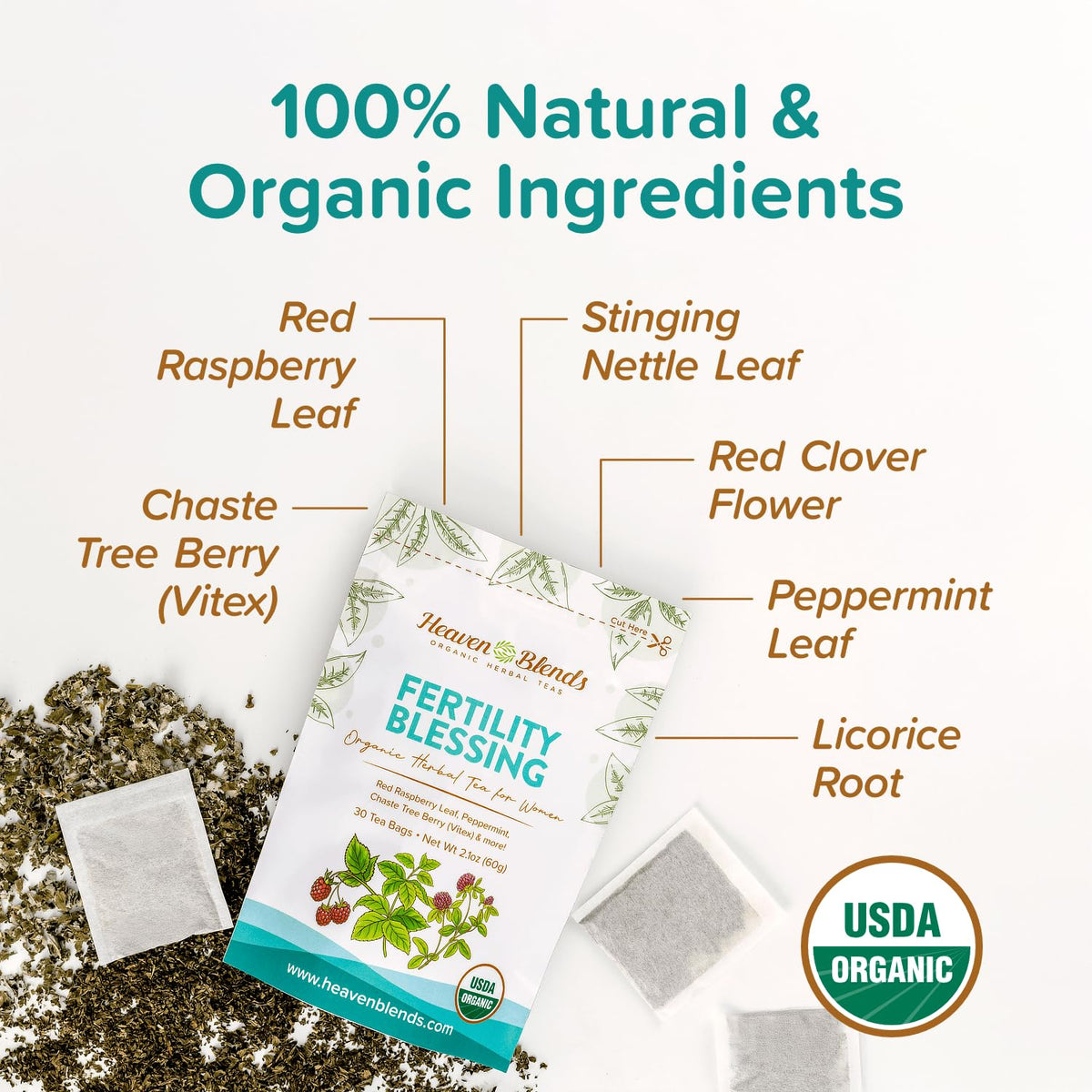 Heaven Blends Fertility Blessing Tea packaging box showcases organic and caffeine-free features.