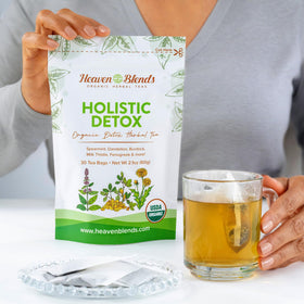 Heaven Blends Organic Holistic Detox Tea ingredients closeup featuring mint, dandelion, and burdock