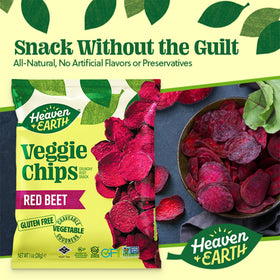 Heaven & Earth Beet Chips crisp closeup highlighting light, airy texture ideal for guilt-free crunch.