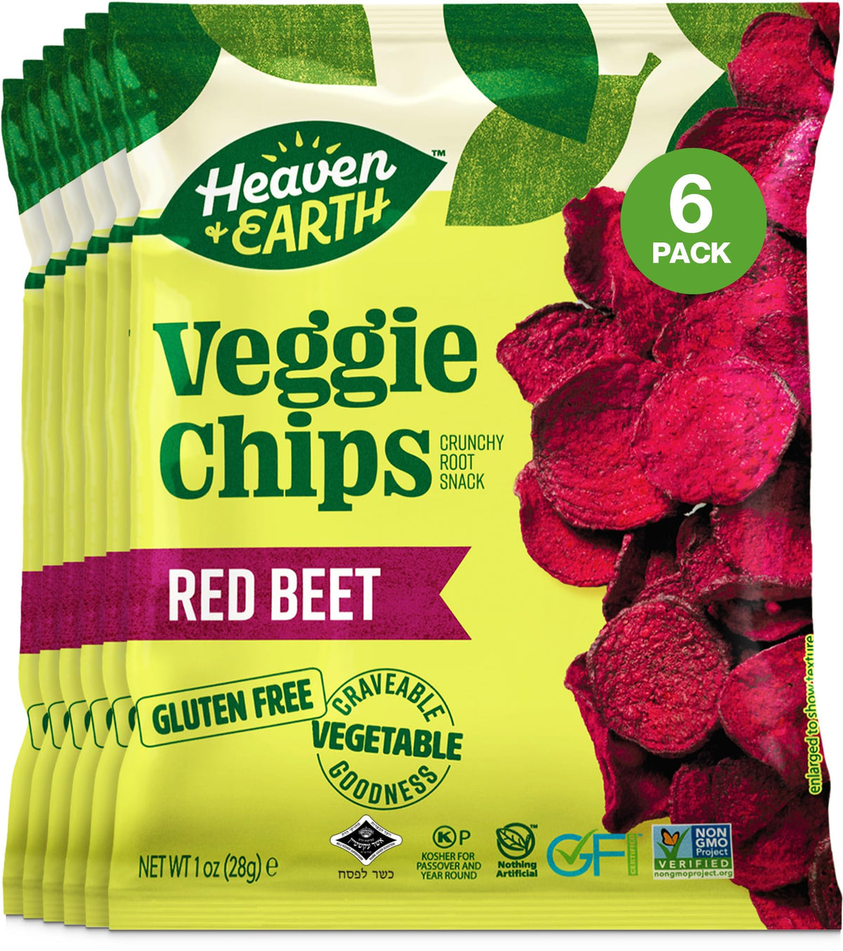 Heaven & Earth Beet Chips front packaging shows six-pack for on-the-go snacking.