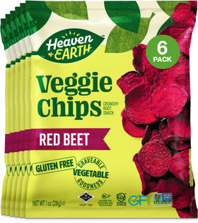 Heaven & Earth Beet Chips front packaging shows six-pack for on-the-go snacking.