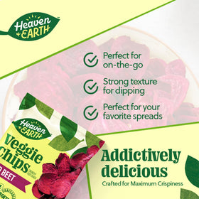 Heaven & Earth Beet Chips gluten-free label image emphasizing certified quality and Passover suitability.