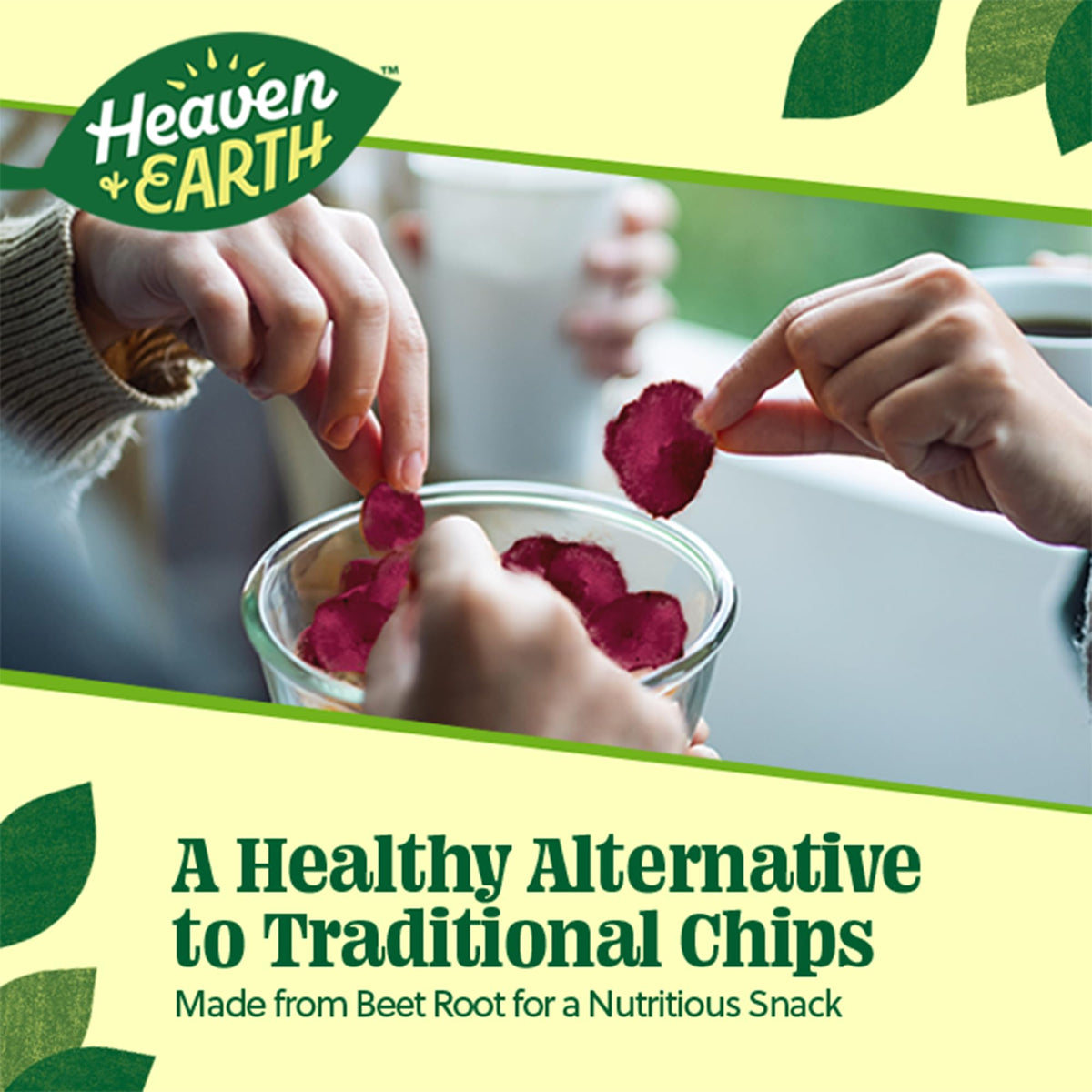 Heaven & Earth Beet Chips ingredient panel image promoting non-GMO, gluten-free snacking options.