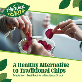 Heaven & Earth Beet Chips ingredient panel image promoting non-GMO, gluten-free snacking options.