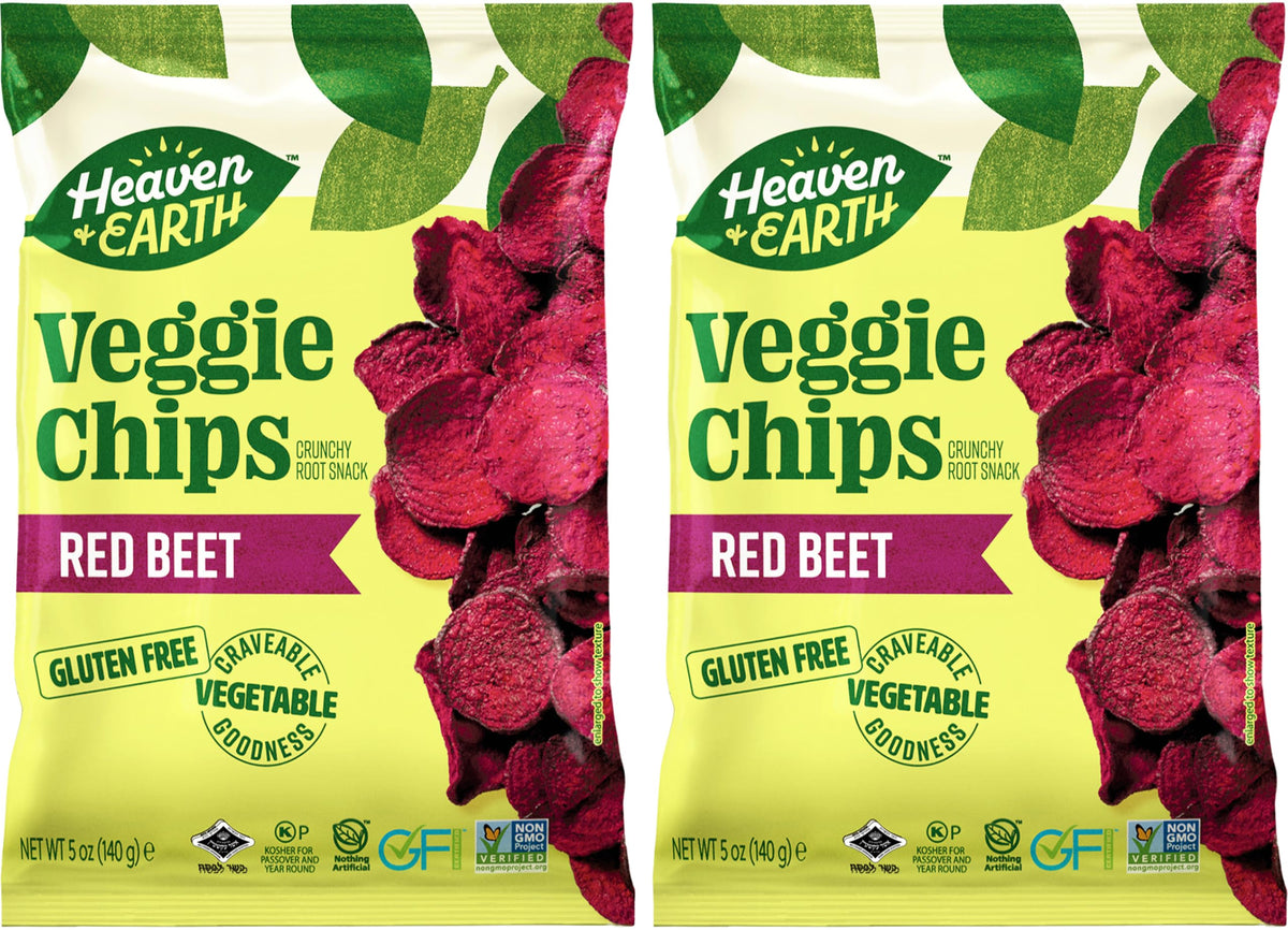 Heavens & Earth Beet Chips pack front view, gluten-free and non-GMO