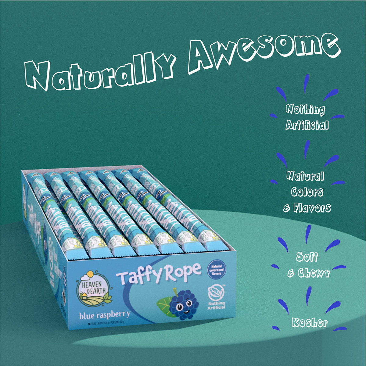 HEAVEN & EARTH Blue Raspberry Taffy Rope close-up texture highlights soft chew.