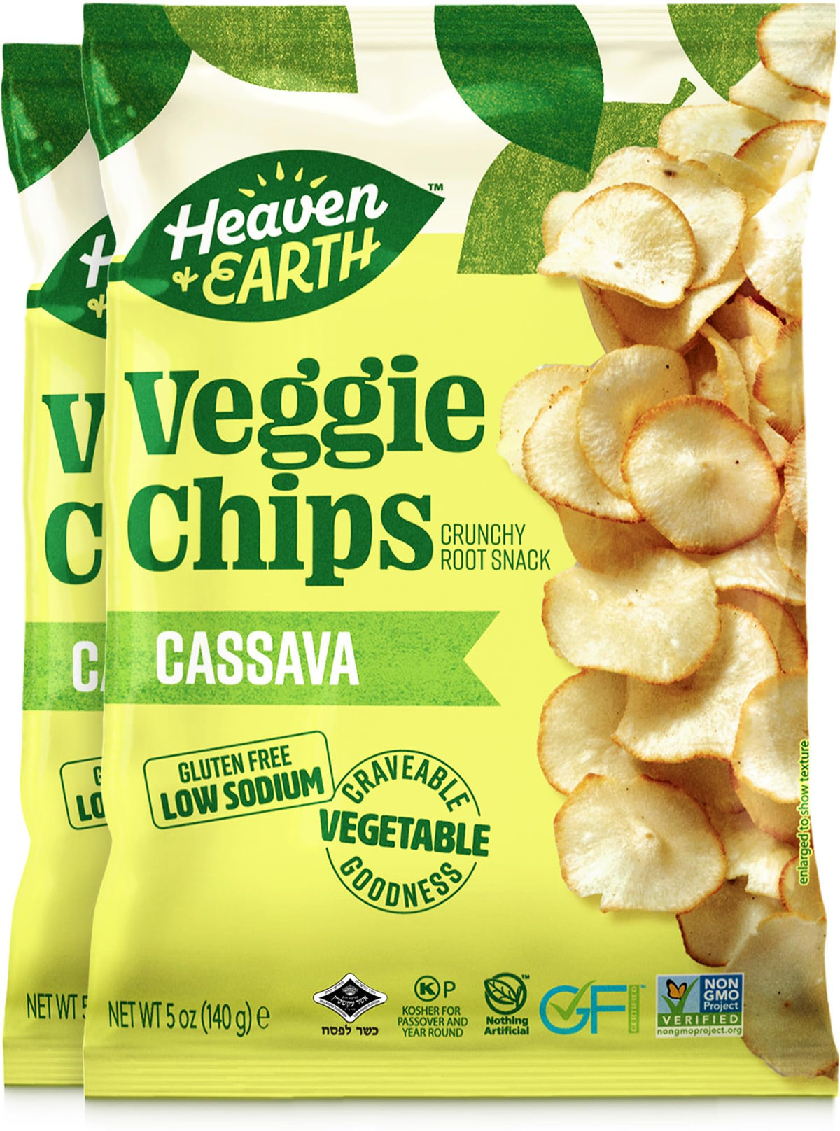 Heaven and Earth cassava chips bag showing crisp artisanal texture for snacking
