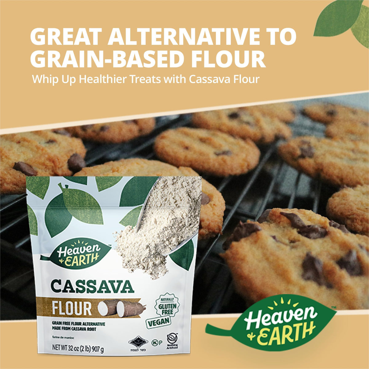 Close-up of cassava flour scoop highlighting 1:1 substitute for wheat flour.