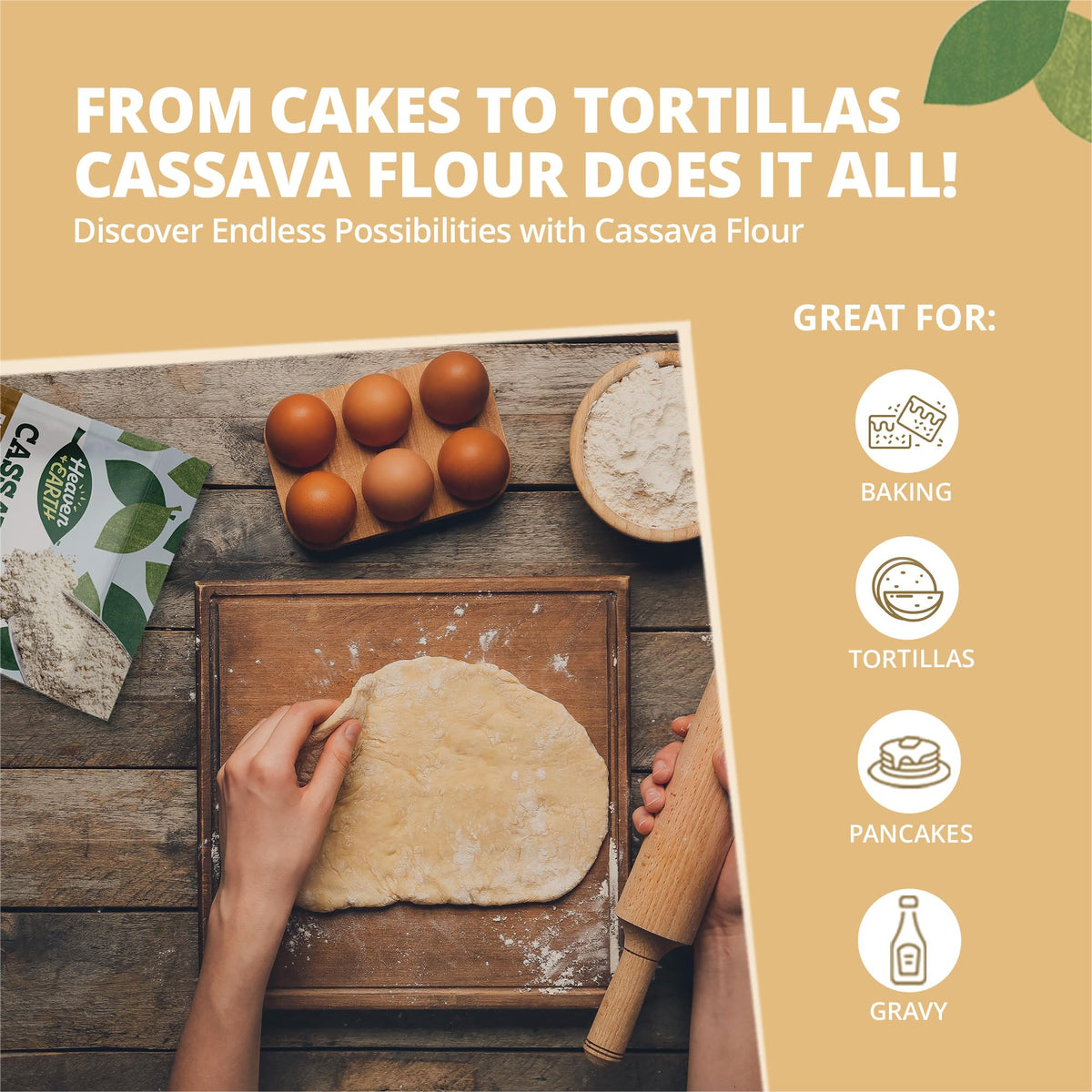 Fine-textured cassava flour close-up, ideal for light cakes and cookies.