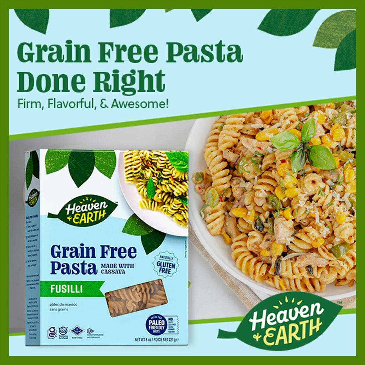 Heaven & Earth Cassava Fusilli plated, al dente texture ready fast.