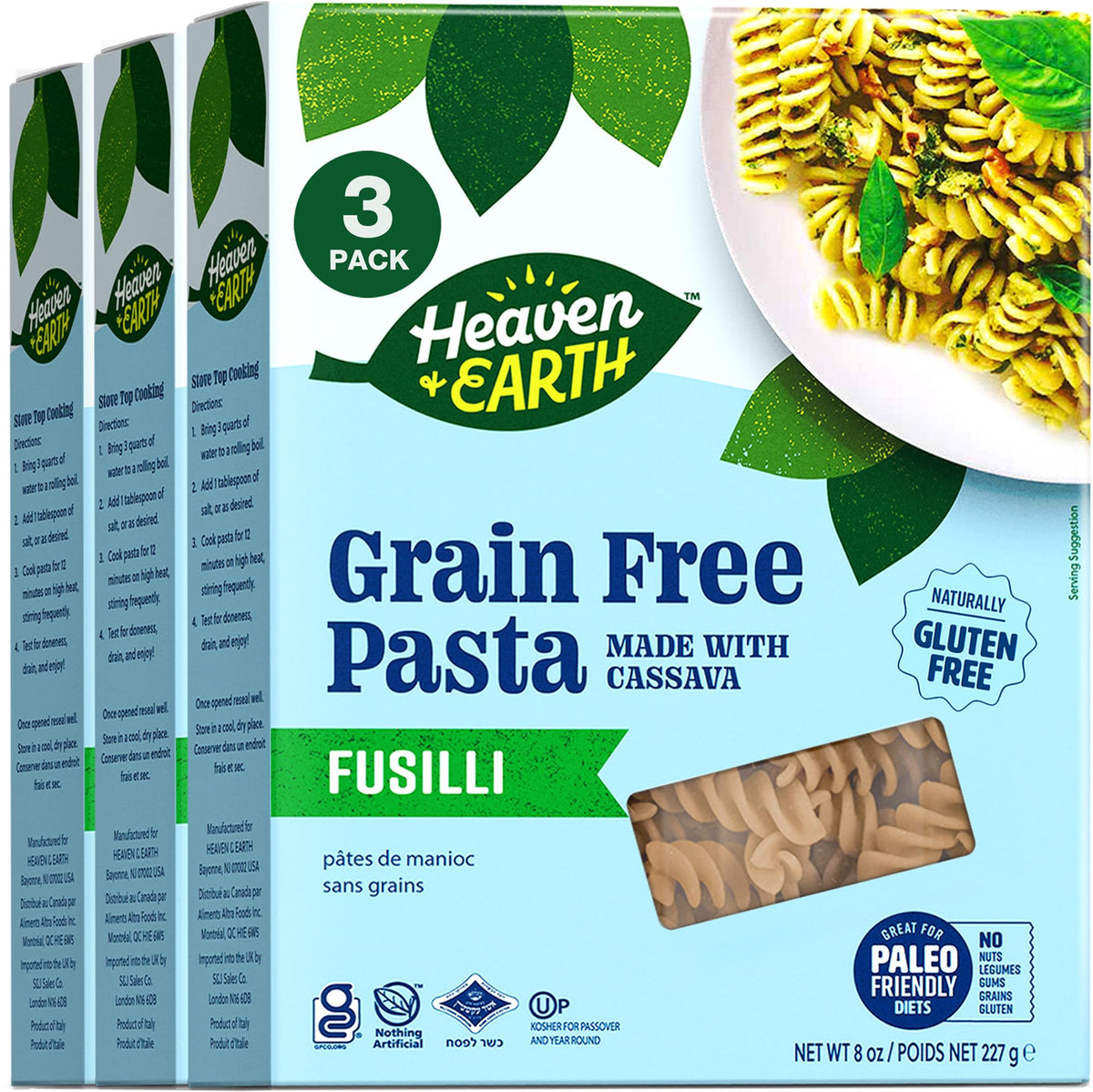 Heaven & Earth Cassava Fusilli pack front view, gluten-free and grain-free option.