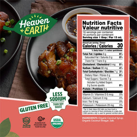 Bottle of Heaven & Earth Coconut Aminos on kitchen counter, low sodium option.