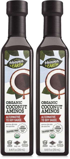 Heaven & Earth Coconut Aminos bottle top, ready for quick stir-fry use.
