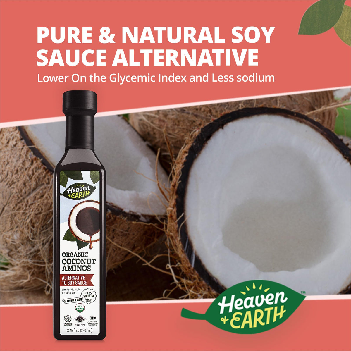 Close-up of Heaven & Earth Coconut Aminos label, organic quality for Paleo meals.