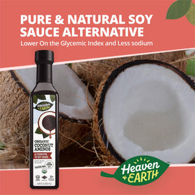 Close-up of Heaven & Earth Coconut Aminos label, organic quality for Paleo meals.