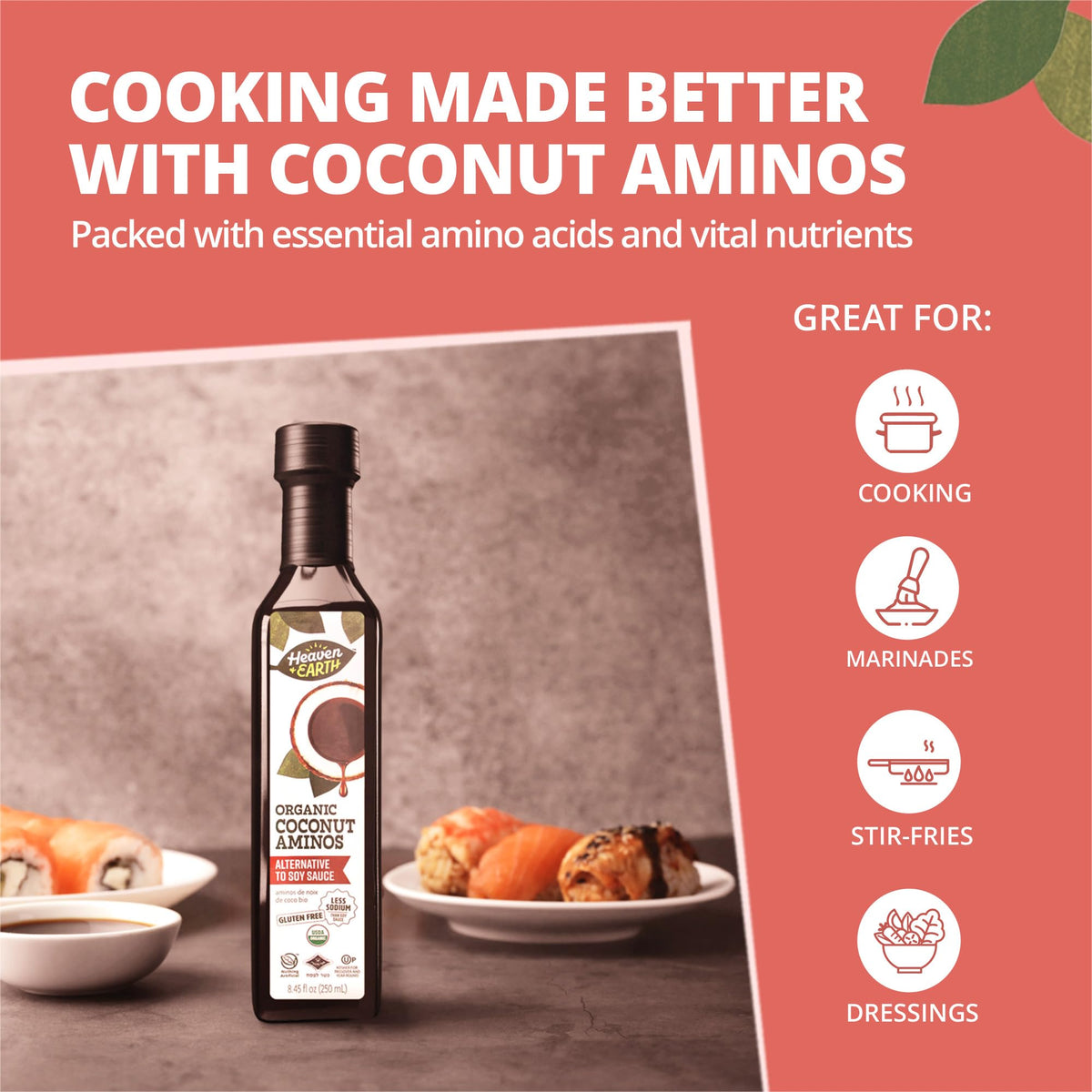 Pour shot of Heaven & Earth Coconut Aminos on a stir-fry, 1:1 soy substitute.