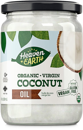 Heaven & Earth coconut oil glass jar pour for easy cooking and skincare routines.