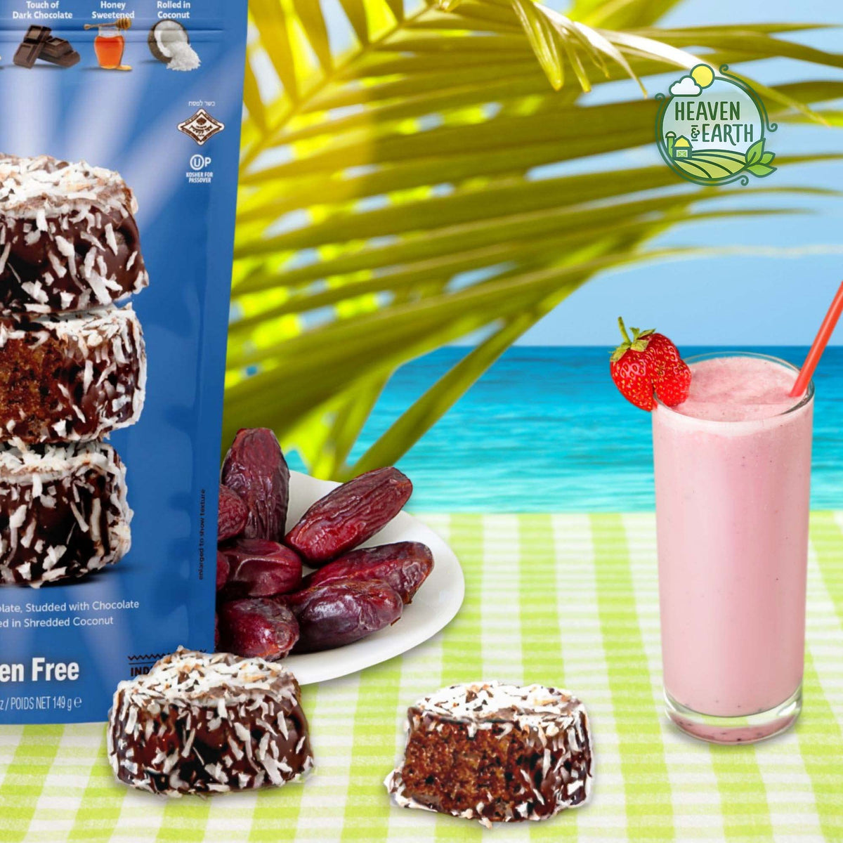 Heaven & Earth almond butter date bites with coconut—creamy center and crunchy finish.