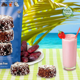 Heaven & Earth almond butter date bites with coconut—creamy center and crunchy finish.