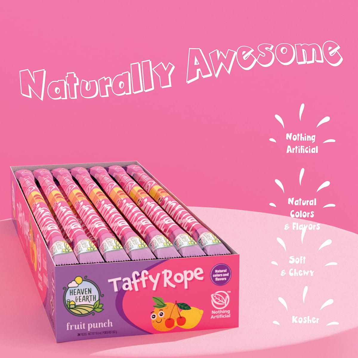 Heaven & Earth Fruit Punch Taffy Rope 24-pack display highlights convenient party-sized treat.