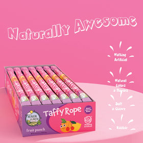 Heaven & Earth Fruit Punch Taffy Rope 24-pack display highlights convenient party-sized treat.