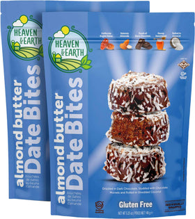 Heaven & Earth gluten-free chocolate covered almond butter date bites with coconut flakes, convenient energy snack.