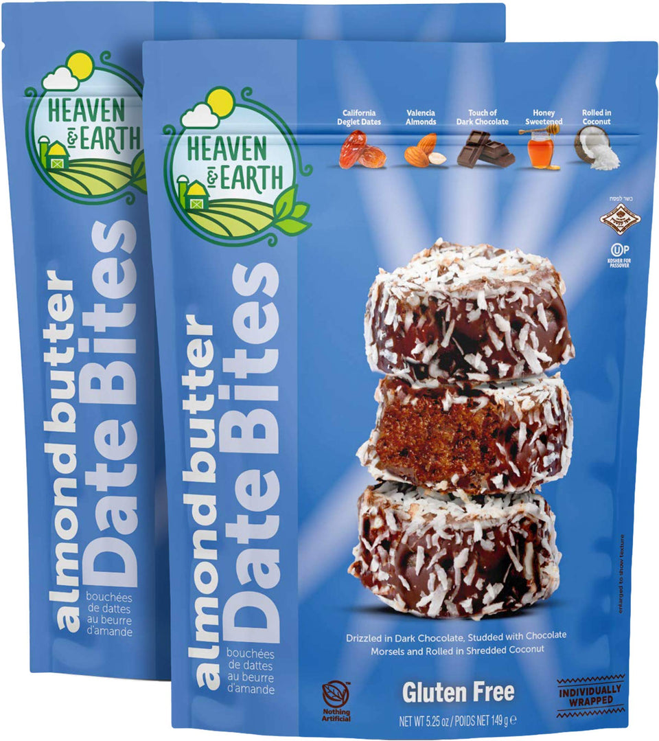 Heaven & Earth gluten-free chocolate covered almond butter date bites with coconut flakes, convenient energy snack.