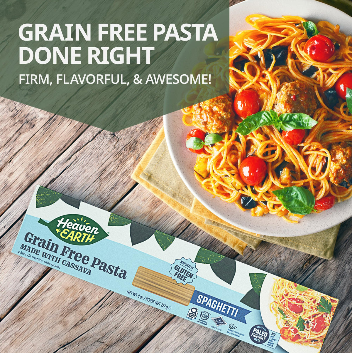 HEAVEN & EARTH paleo pasta ready to cook image shows quick weeknight option