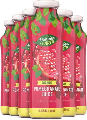 HEAVEN & EARTH Pomegranate Juice bottle front view highlights rich color and purity.