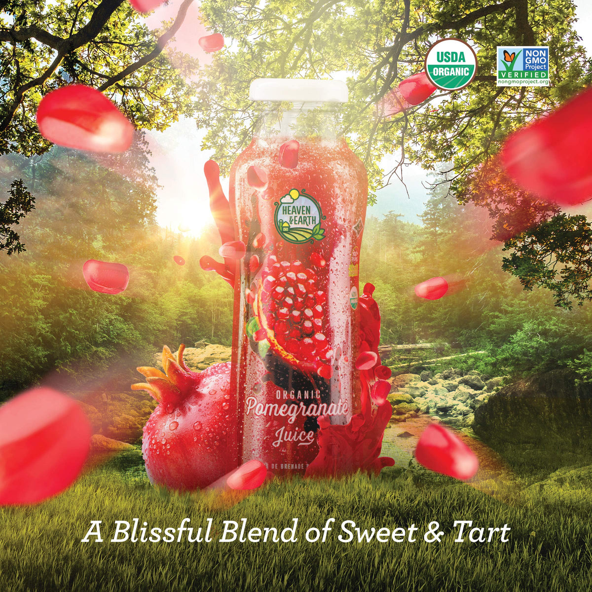 HEAVEN & EARTH Pomegranate Juice packaging graphic shows organic certification and 6-pack convenience.
