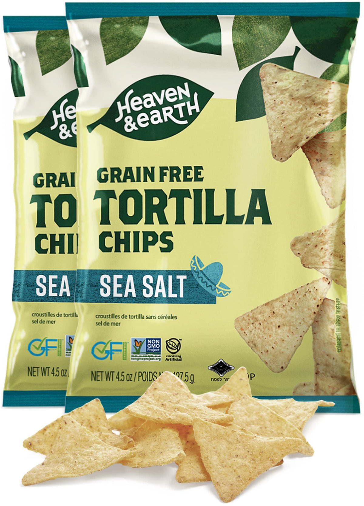HEAVEN & EARTH Sea Salt grain-free tortilla chips; crunchy gluten-free cassava snack.