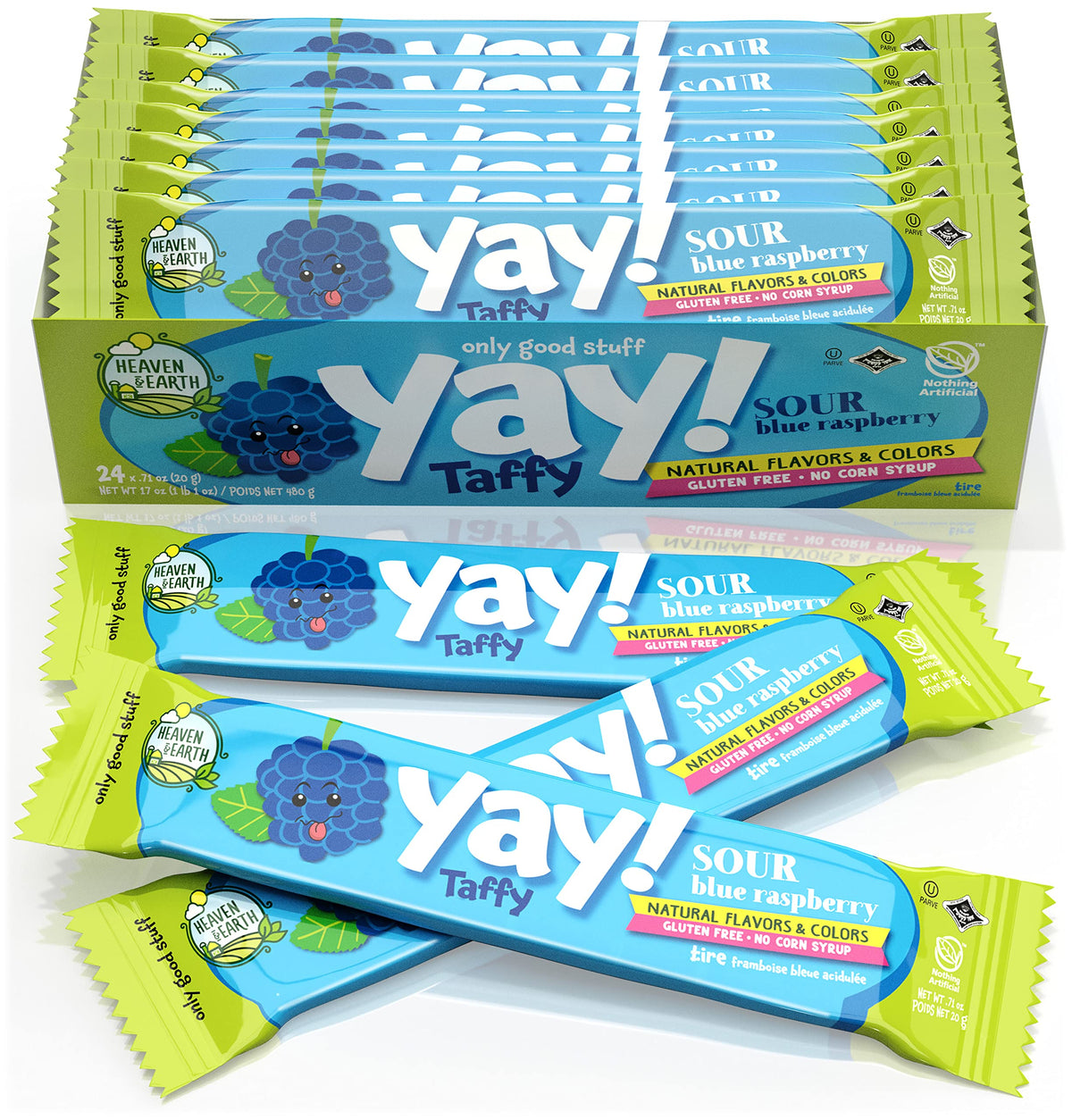 Heaven and Earth Sour Blue Raspberry Yay Taffy 24-pack, vibrant chews for on-the-go snacking.