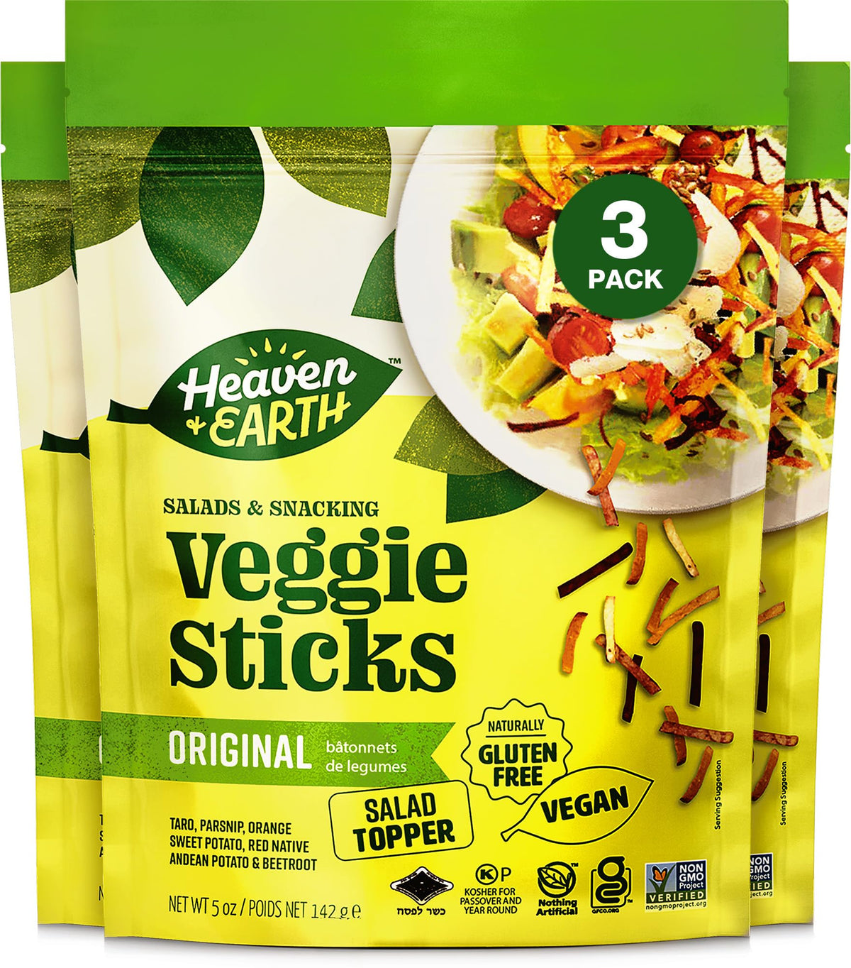 HEAVEN & EARTH Veggie Sticks pouch front, wholesome gluten-free snack option