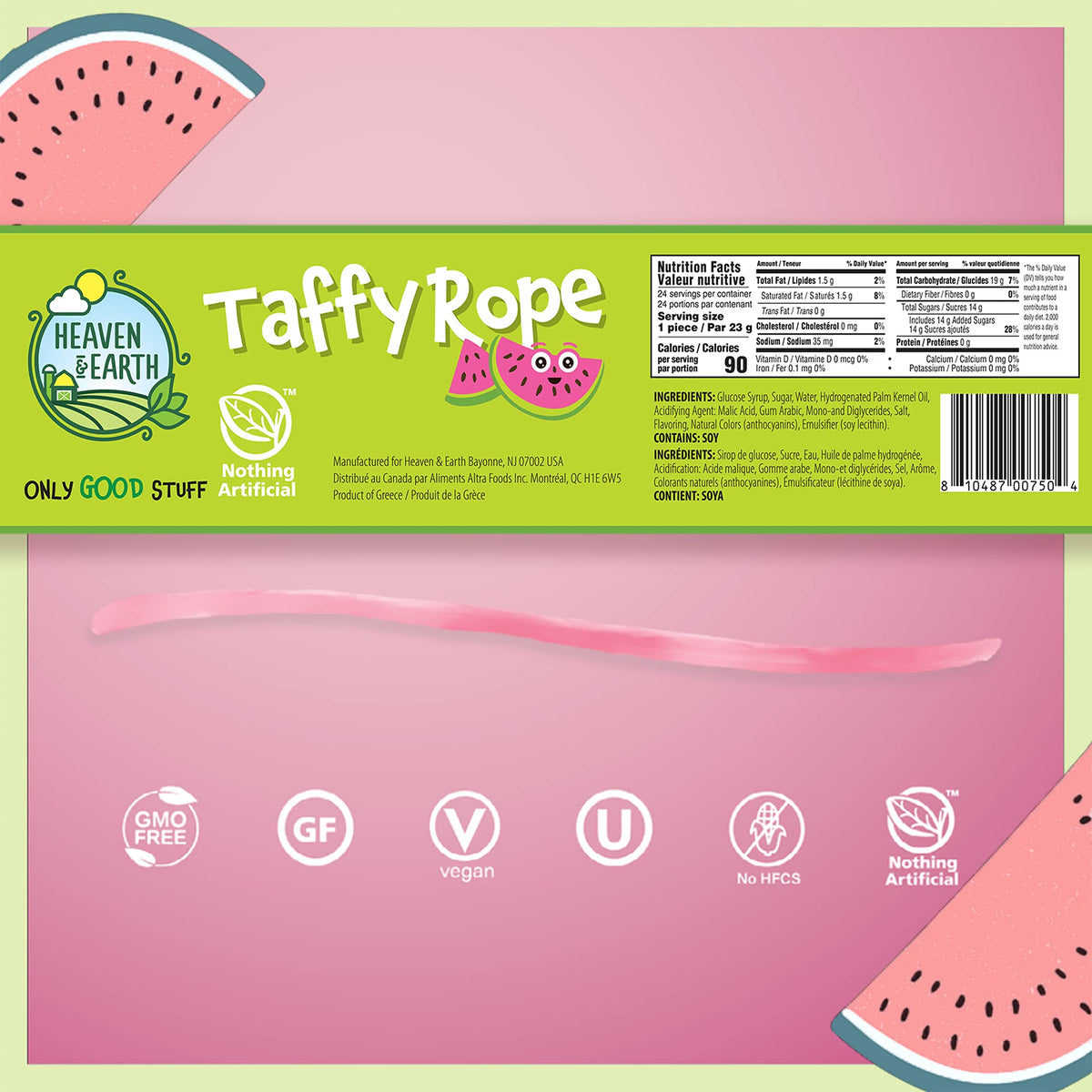 Heaven & Earth Watermelon Wow Taffy Rope gluten-free and kosher snack closeup