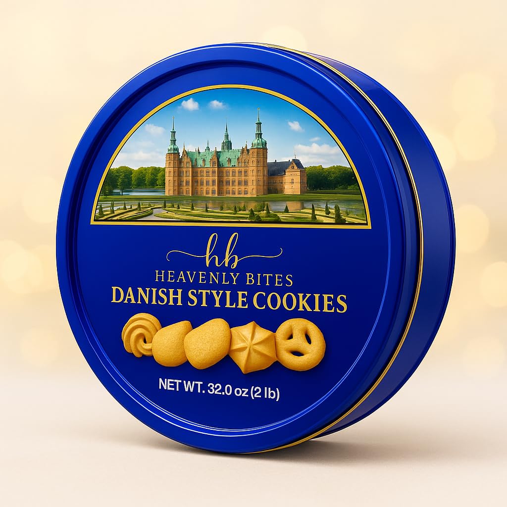 Close-up of Danish-style butter cookies inside the 32 oz tin for sharing.