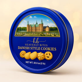 Close-up of Danish-style butter cookies inside the 32 oz tin for sharing.