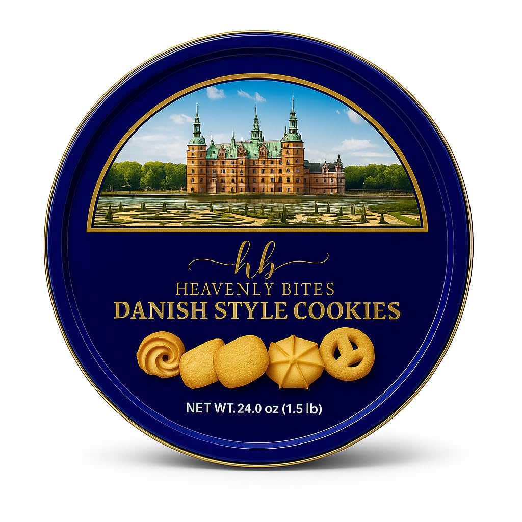 Heavenly Bites Danish style butter cookies in a decorative tin, ideal for gifting.