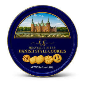 Heavenly Bites Danish style butter cookies in a decorative tin, ideal for gifting.