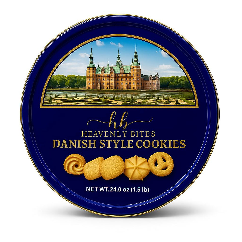 Heavenly Bites Danish style butter cookies in a decorative tin, ideal for gifting.