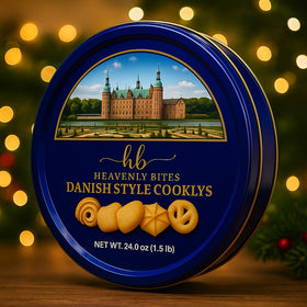Gift-ready tin from Heavenly Bites with butter cookies for sharing.