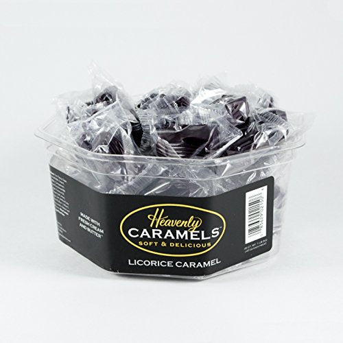 Heavenly Caramel licorice flavor candies tub open by J Morgan, soft and chewy texture.