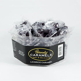 Heavenly Caramel licorice flavor candies tub open by J Morgan, soft and chewy texture.
