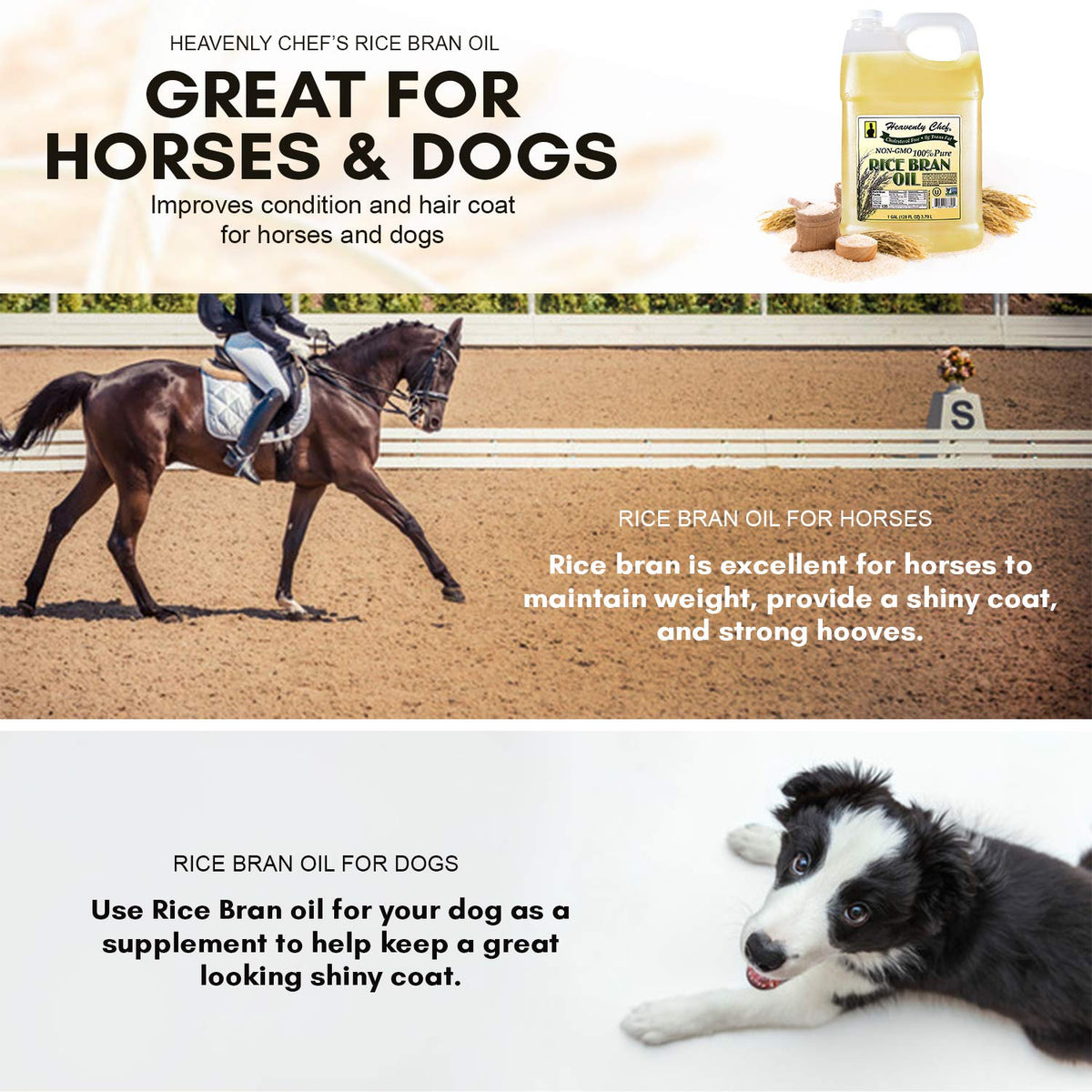 Heavenly Chef Rice Bran Oil horse coat image suggests grooming support.