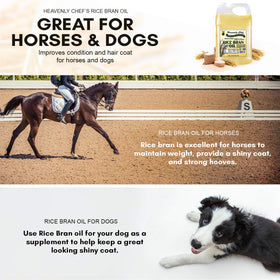 Heavenly Chef Rice Bran Oil horse coat image suggests grooming support.