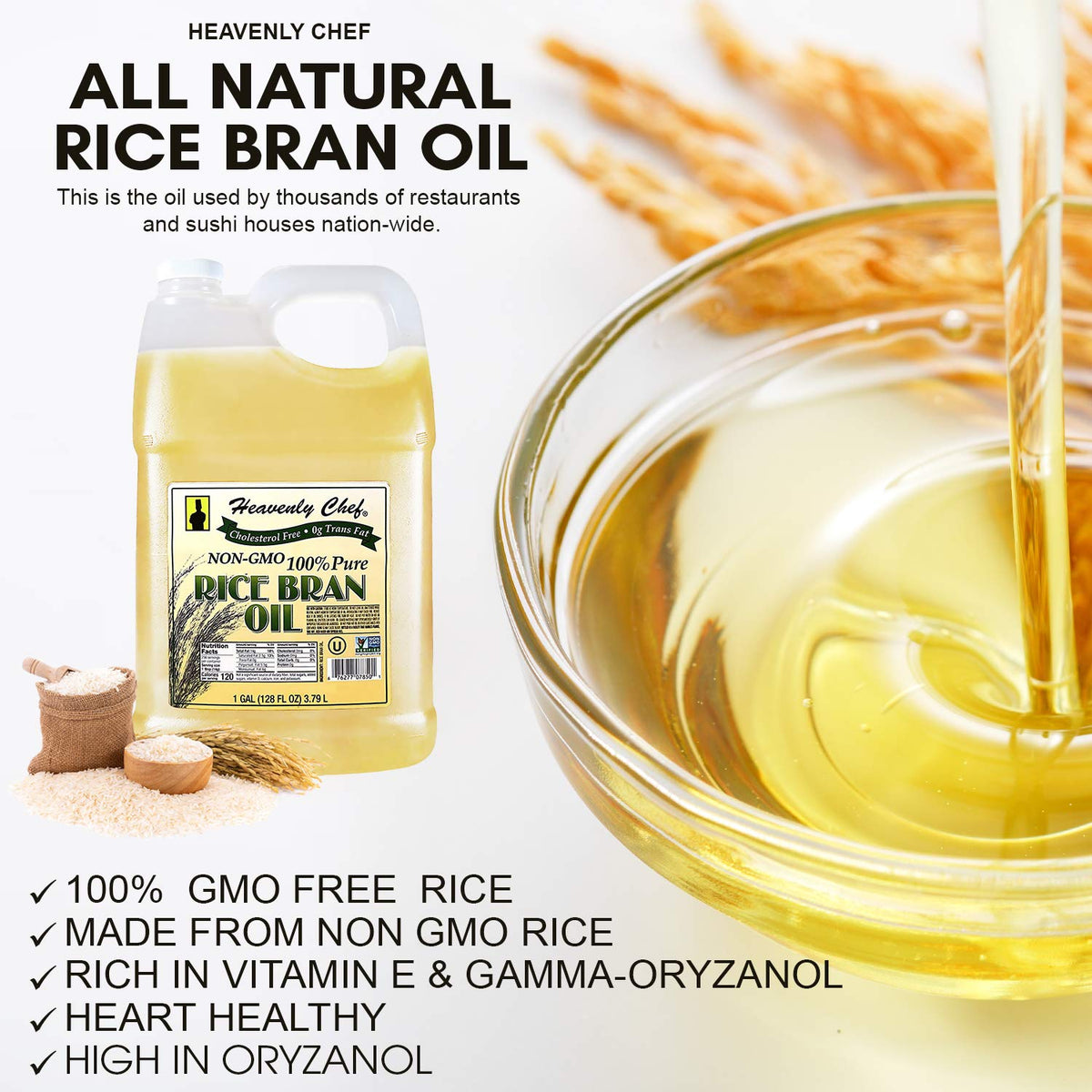 Heavenly Chef Rice Bran Oil packaging front signals a restaurant-grade staple.