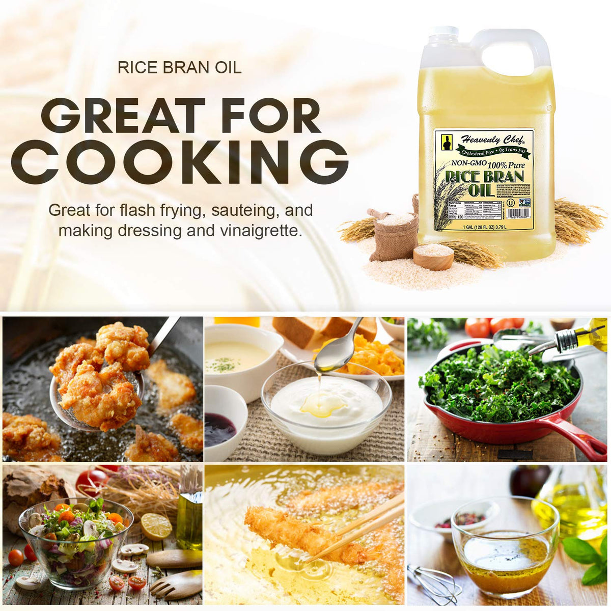 Heavenly Chef Rice Bran Oil stir-fry pan highlights versatile neutral oil.
