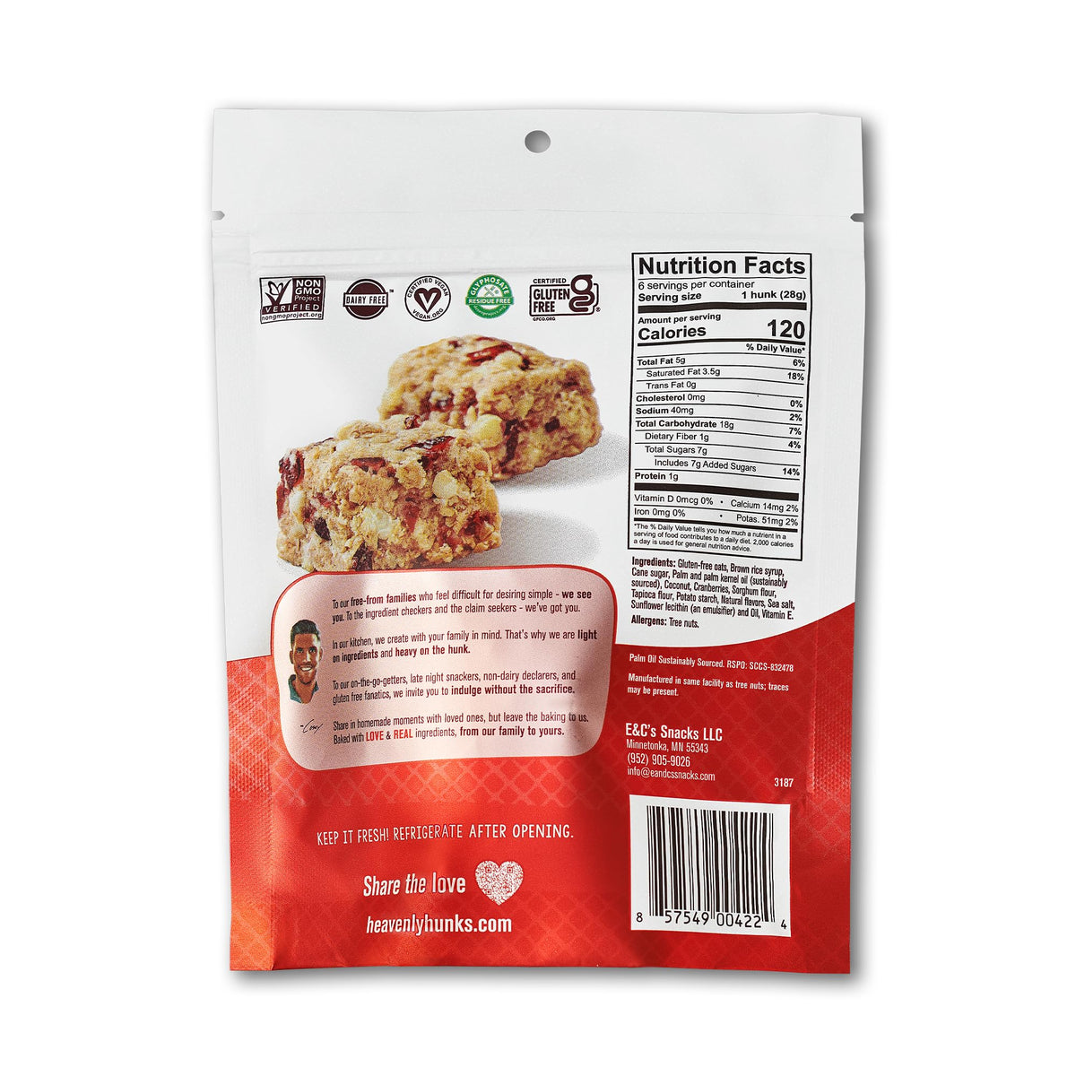 Package of Heavenly Hunks Cranberry White Chip 6oz for daily snacking.