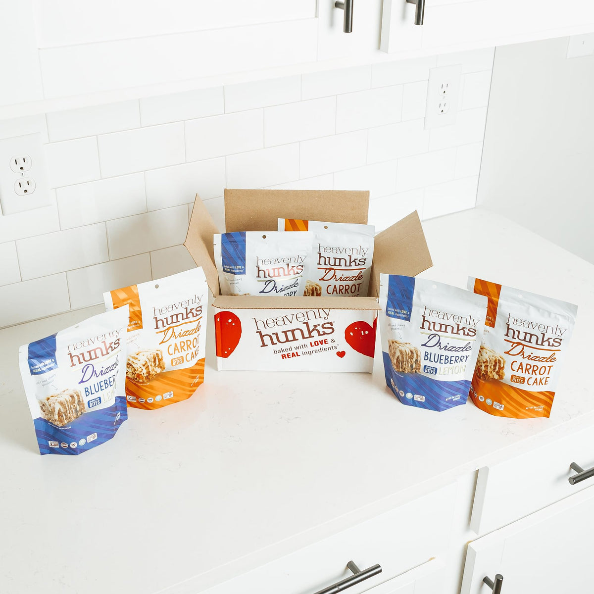 Heavenly Hunks Drizzle cookie display: ready-to-share giftable packaging for family snacks.