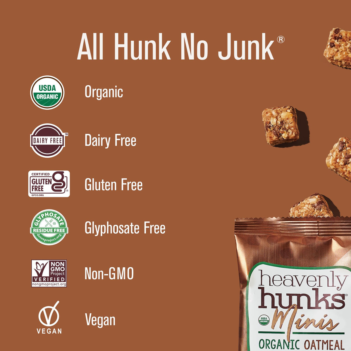 Heavenly Hunks gluten-free vegan snack packaging highlights dairy-free, kid-friendly on-the-go treats